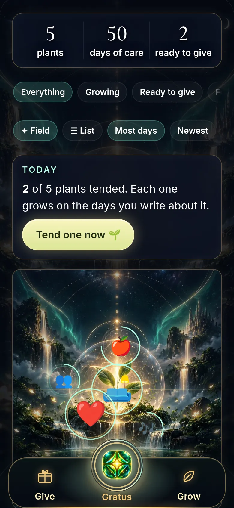 A Gratus garden with five things growing